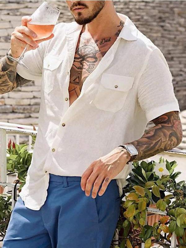 Chic Men's Casual Short Sleeve Woven Shirt with Double Pockets