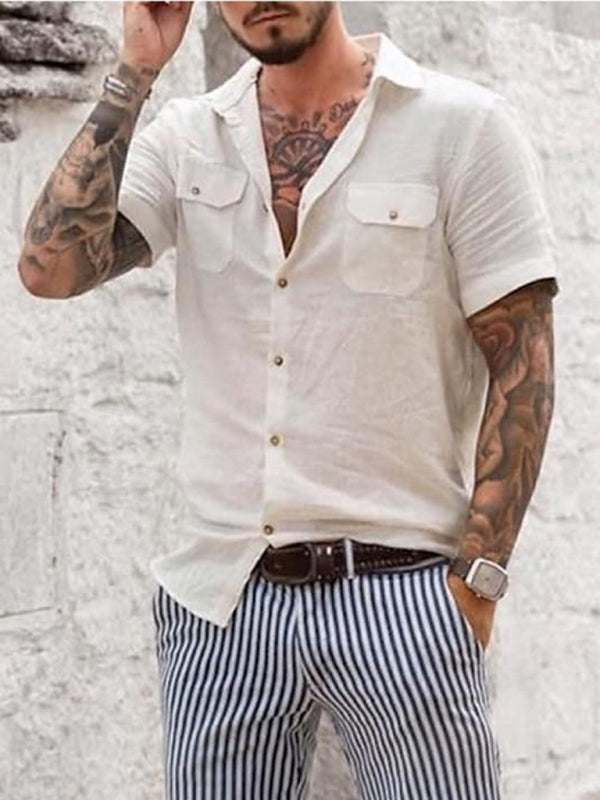 Chic Men's Casual Short Sleeve Woven Shirt with Double Pockets