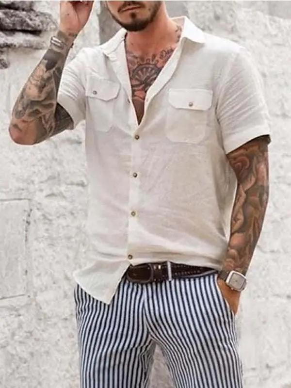 Chic Men's Casual Short Sleeve Woven Shirt with Double Pockets - MENLL