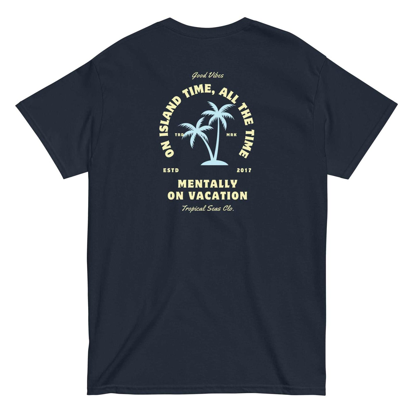 Men's Mental Beach Vacation classic tee with palm tree design and "Mentally on Vacation" text.