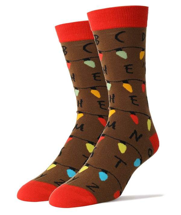 Stranger Men's Christmas cotton crew funny socks with colorful light design, suitable for shoe size 8 to 13.