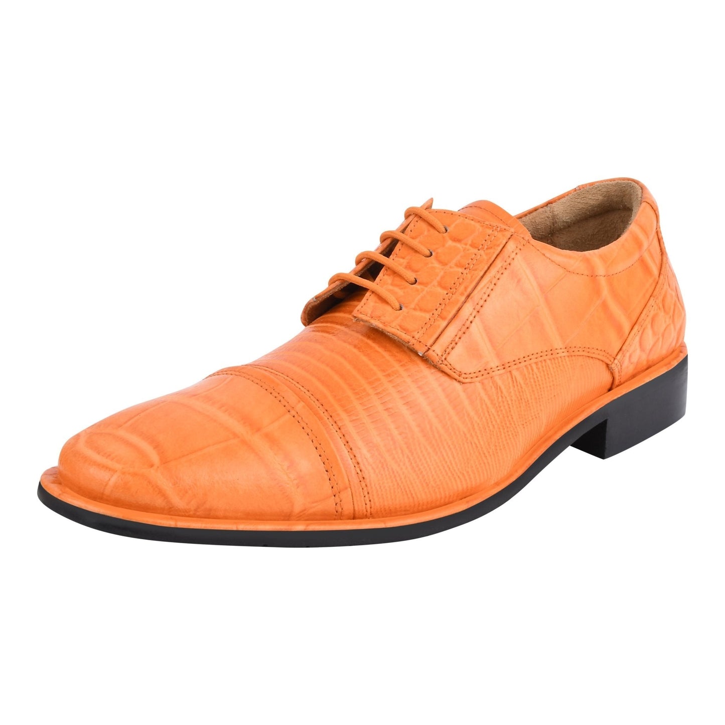 Owen Leather Oxford style dress shoes with lizard and crocodile print, elegant craftsmanship, rubber soles, and a 1" heel.