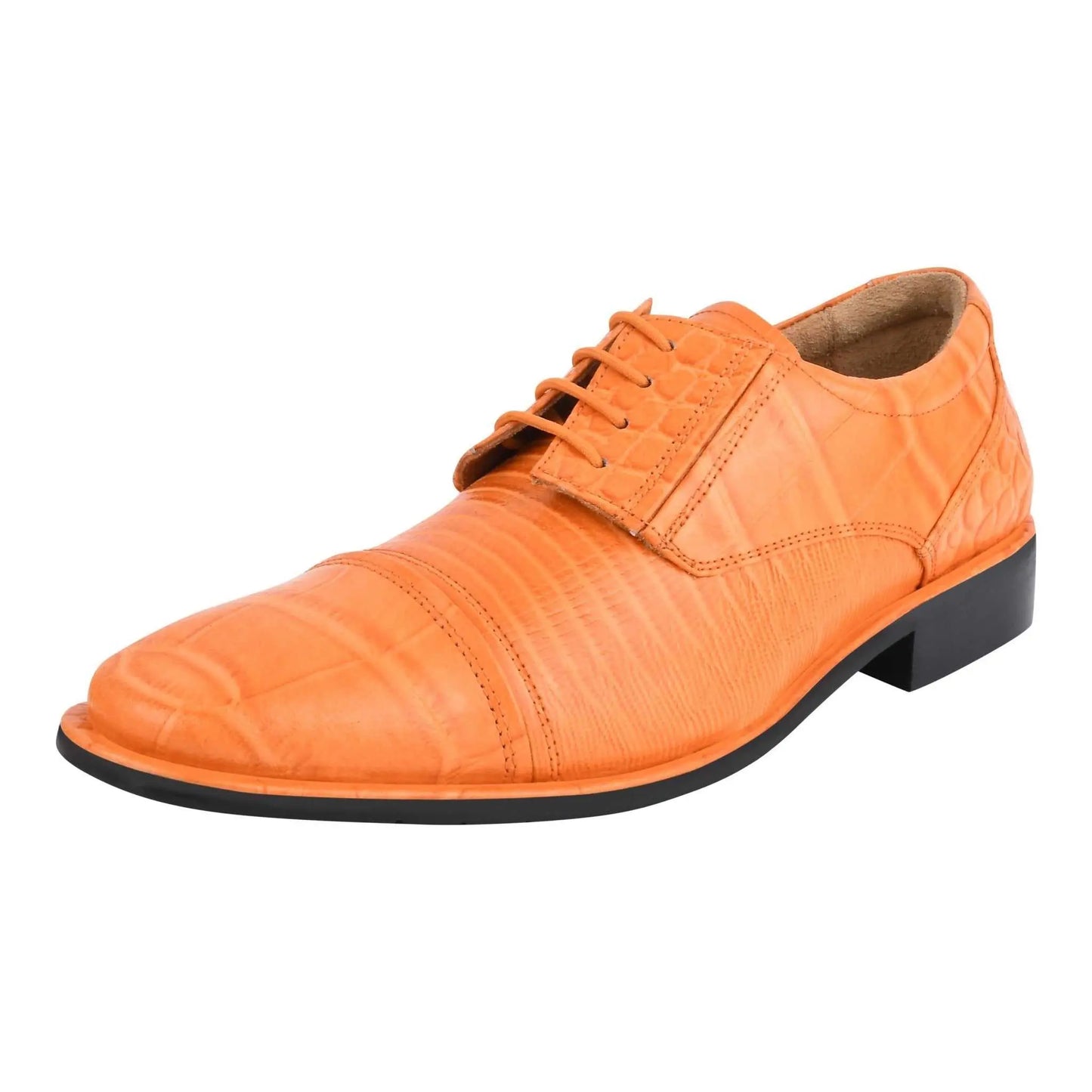 Owen Leather Oxford style dress shoes with lizard and crocodile print, elegant craftsmanship, rubber soles, and a 1" heel.