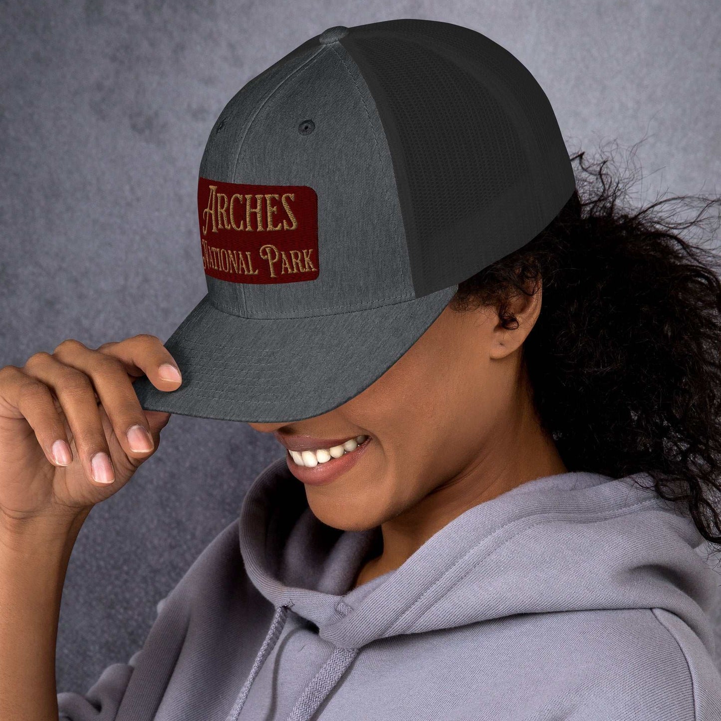 Arches Embroidered National Park Sign Trucker Hat - MENLL