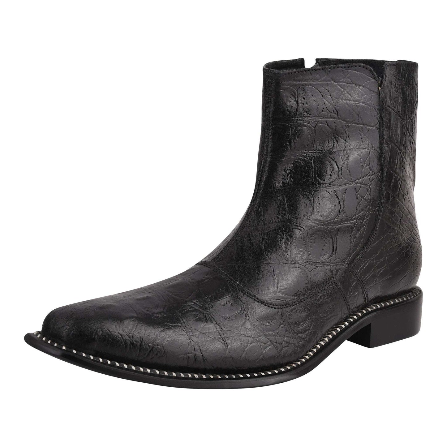SANDRA Leather Ankle Length Side Zip Up Boots with Croco Hornback print design.