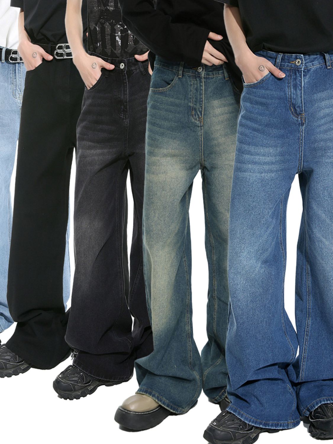 Wide leg jeans with pockets in various denim shades.