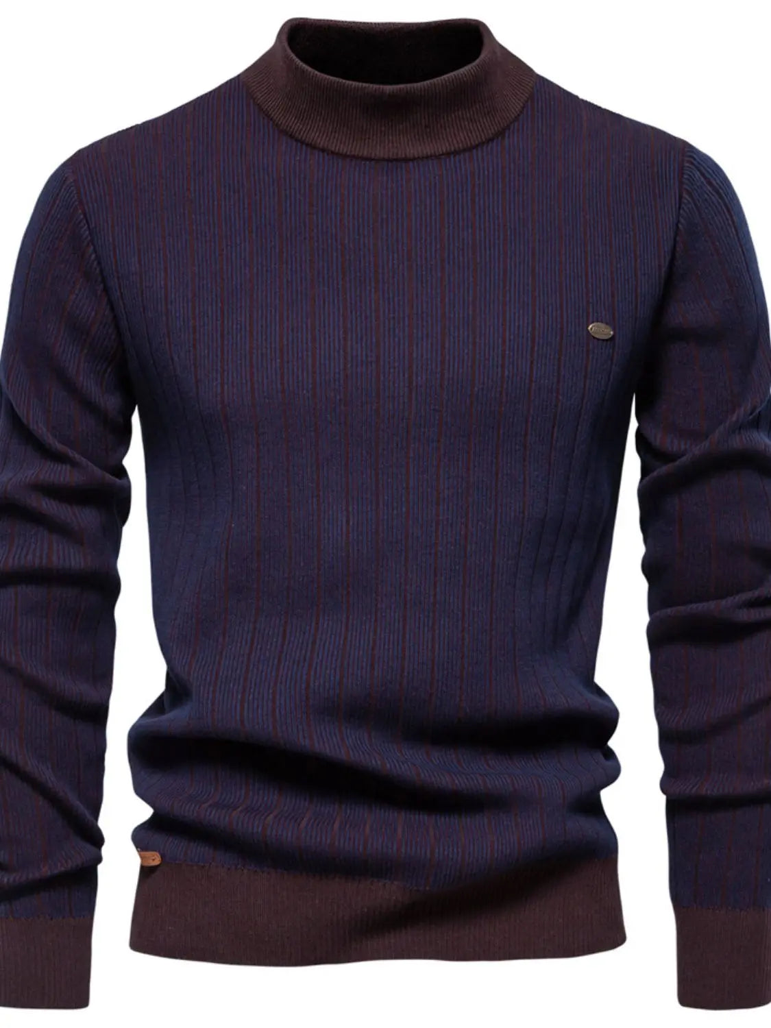 MENLL Striped Knit Sweater Men's Casual Navy Brown Mock Neck Pullover Warm & Stylish by MENLL
