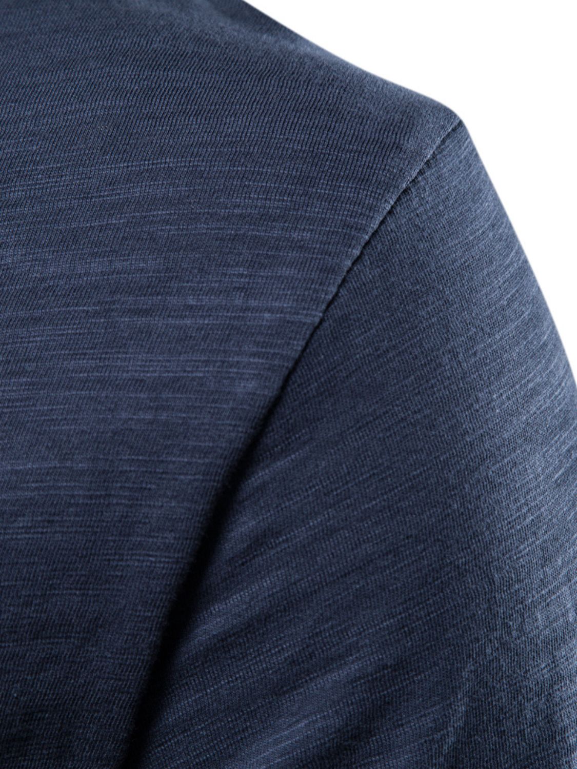 Men's full size navy blue round neck short sleeve cotton T-shirt close-up.