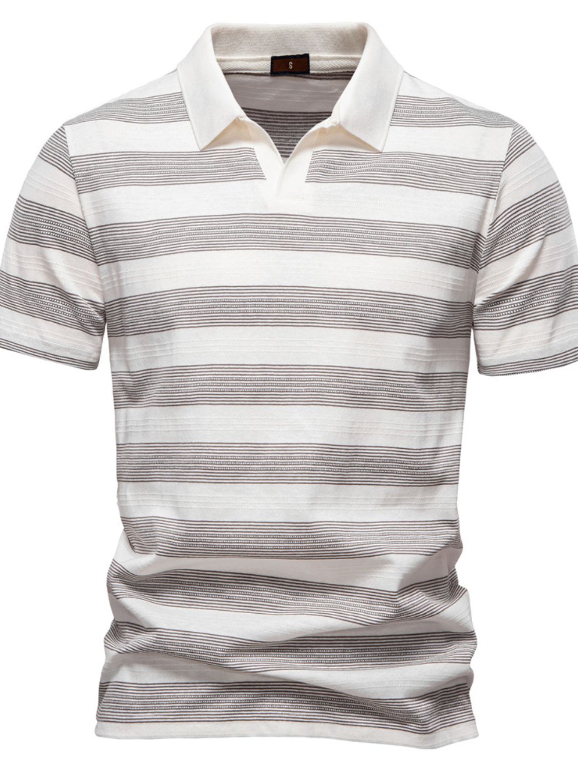 Men's contrast striped short sleeve polo shirt in white and gray, slightly stretchy cotton blend.