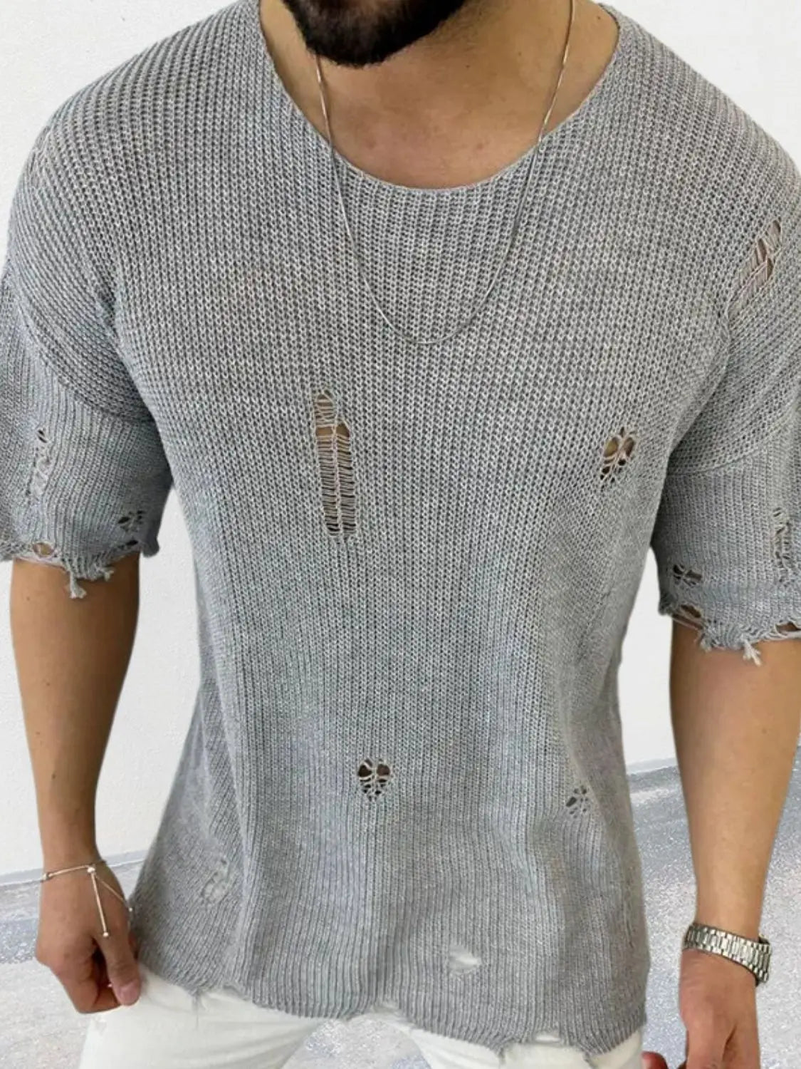 MENLL Distressed Sweater Men's Round Neck Knit Top Casual, Comfortable by MENLL