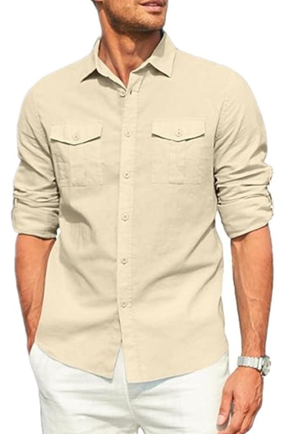 Men's plus size beige button-down long sleeve shirt with collared neck.