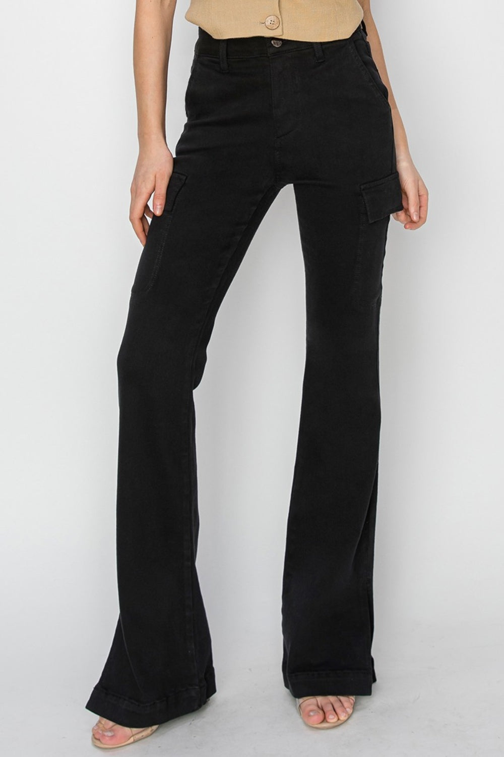 Full size high rise black cargo bootcut jeans with side slit and pockets.
