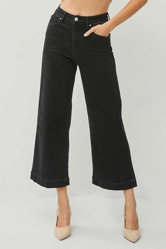 Full size high rise wide leg ankle jeans in black.