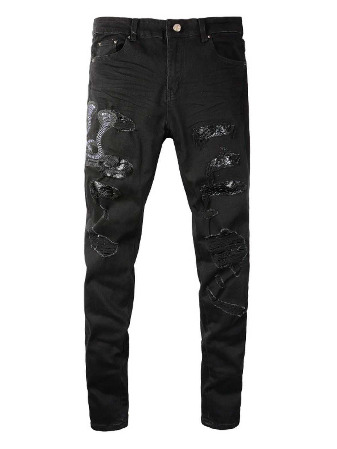 Men's washed snake embroidered slim jeans in black, basic style, no stretch, cotton-polyester blend.