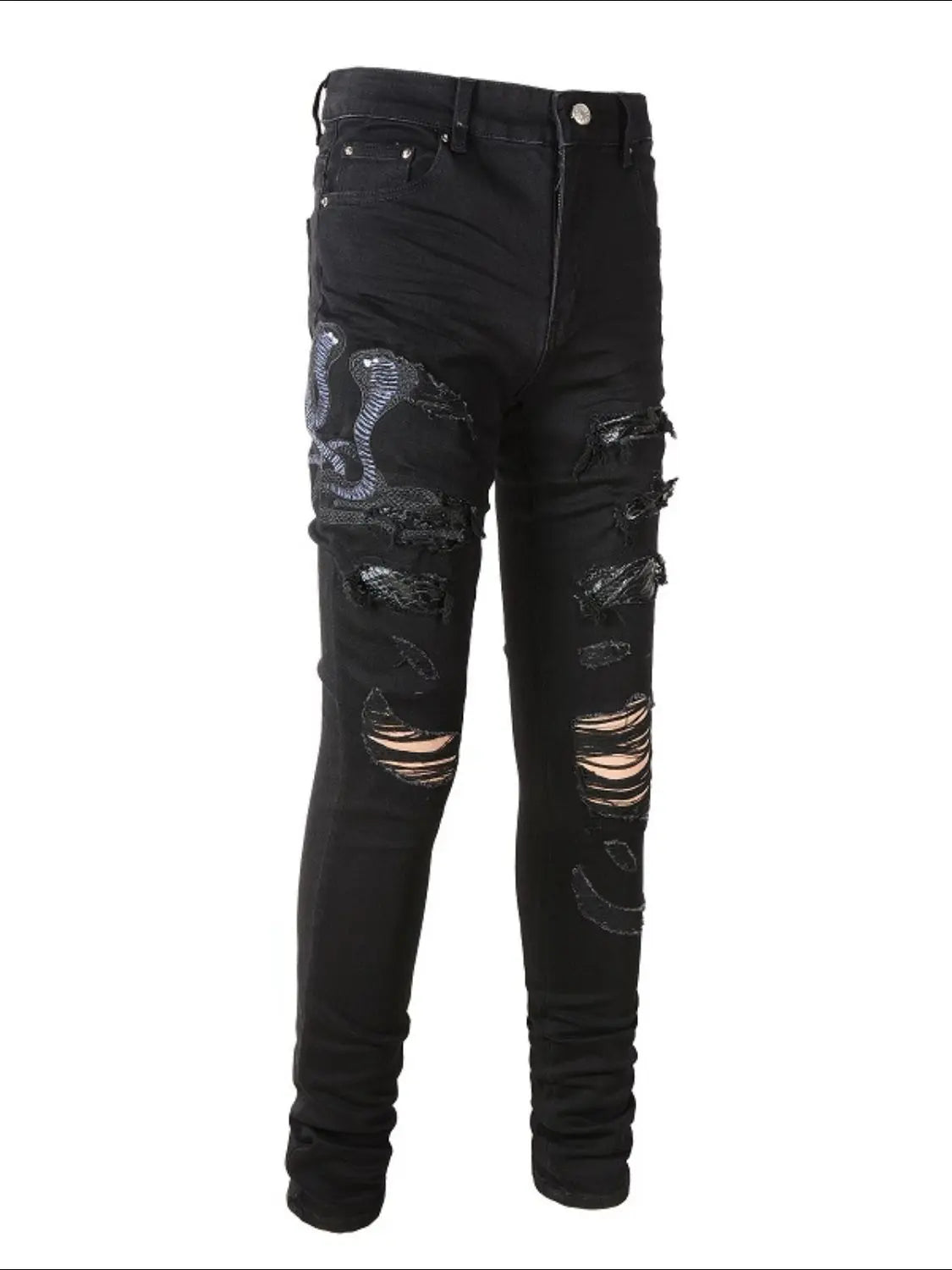 MENLL Washed Snake Jeans Men's Slim Fit Black Denim Pants - Embroidered by MENLL