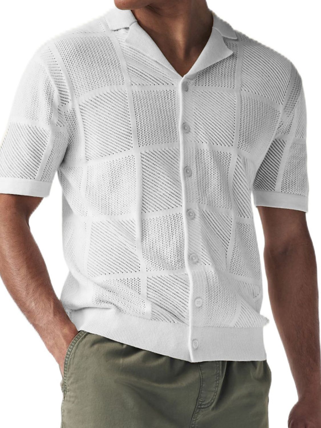 Men's button down checkered eyelet shirt with short sleeves and front buttons.