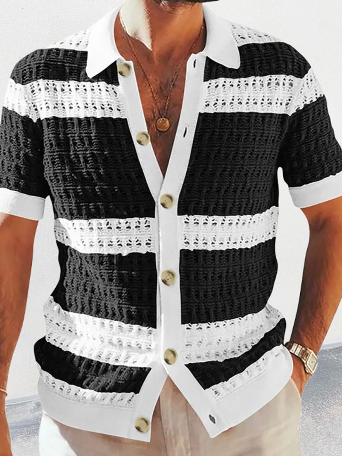 Men's button down collared neck contrast openwork shirt with moderate stretch.