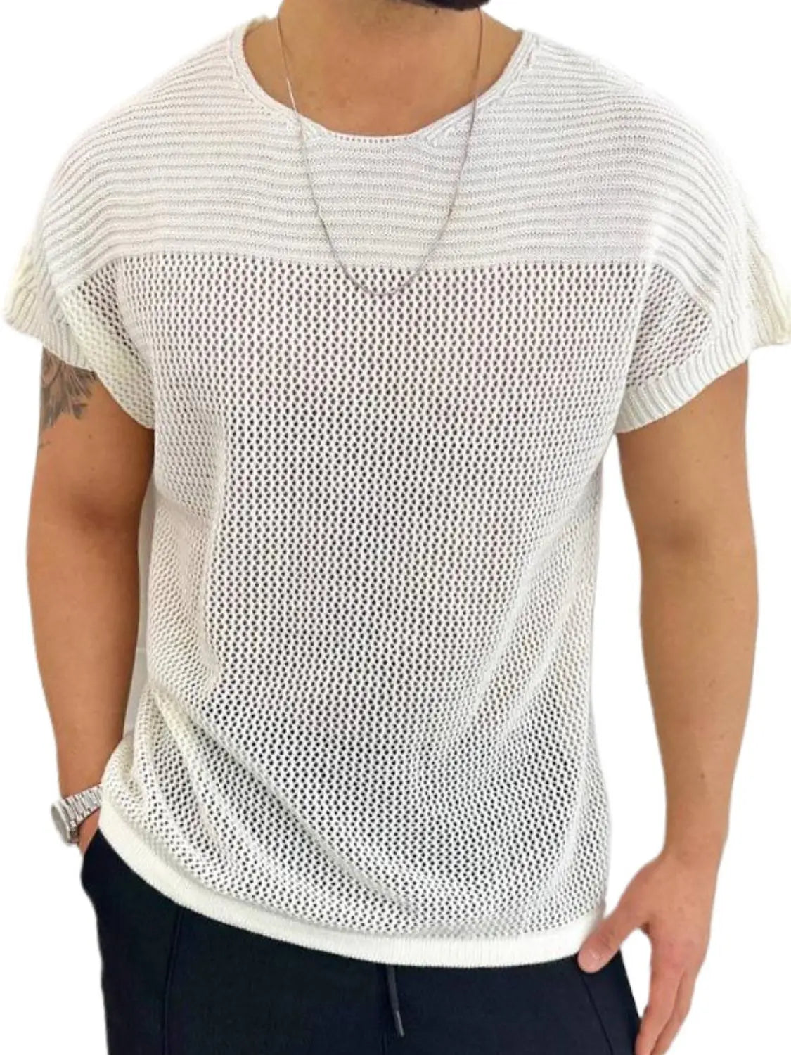 MENLL Eyelet Tee Men's Casual Summer Round Neck Short Sleeve Breathable Shirt by MENLL