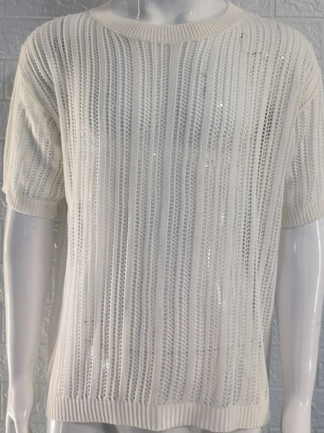 MENLL Openwork Knit T-Shirt Men's Casual Breathable Round Neck Top by MENLL