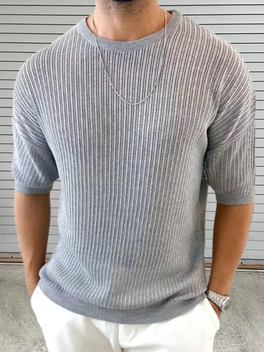 MENLL Round Neck Knit Top Men's Casual Polyester Sweater - Drop Shoulder Style by MENLL