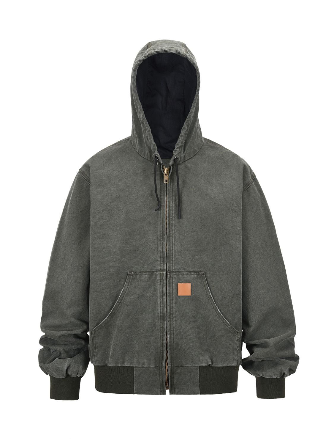 Men's zip up washed hooded jacket in dark green with front pockets and full zip closure.