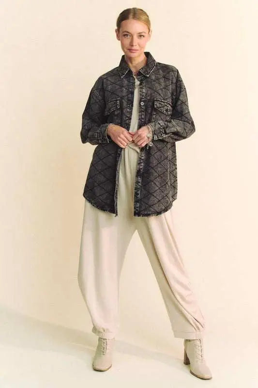 MENLL Denim Quilted Shacket Women's Casual Curved Hem Trendy Shirt by MENLL