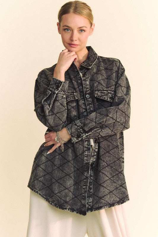 Curved Hem Diamond Quilted Button Up Denim Shacket in black, featuring modern high-low design.
