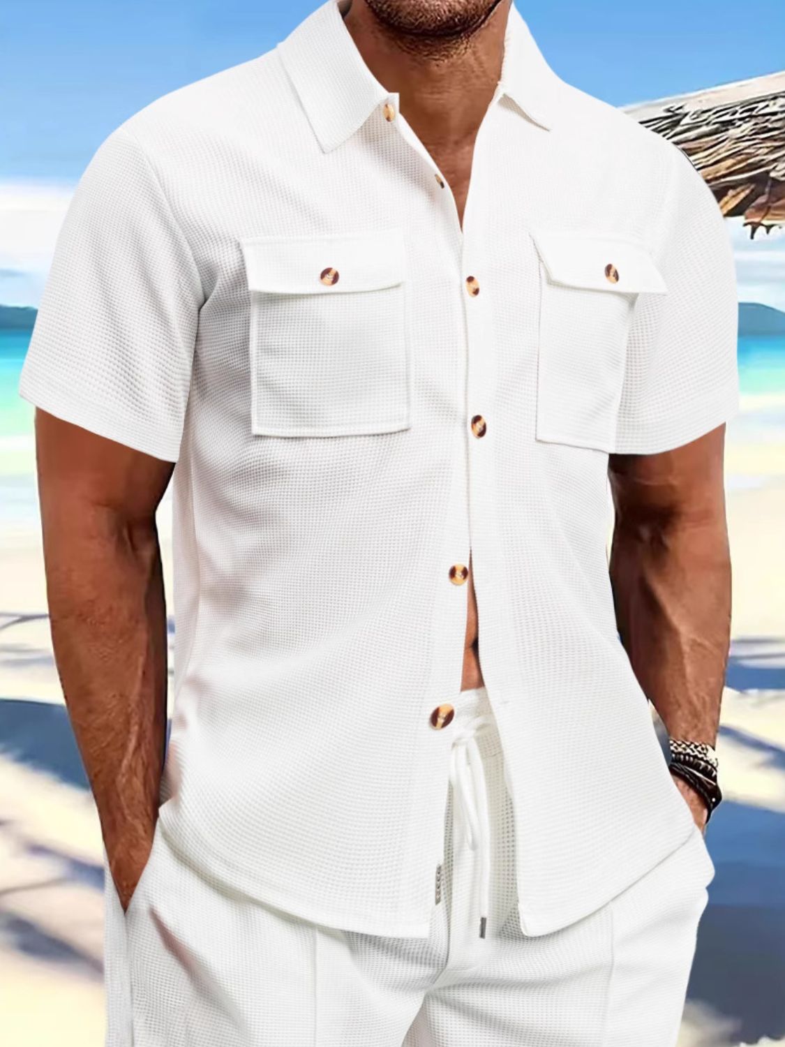 Men's full size button down short sleeve white shirt, basic style with pockets, made of 100% polyester.