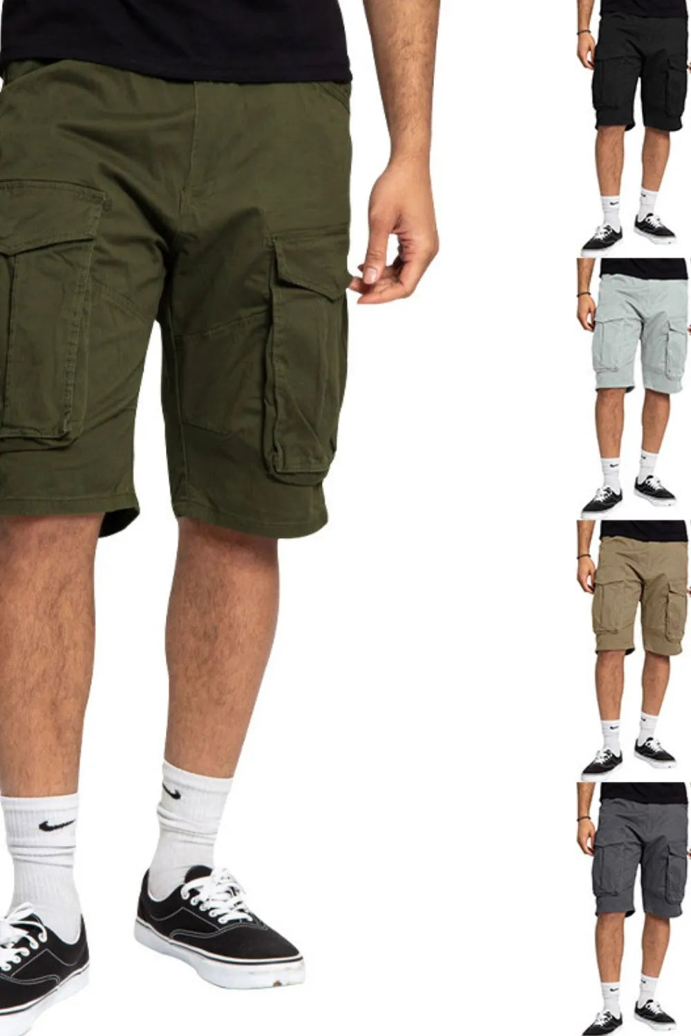 Men's full size cargo Bermuda shorts, plus size, pocketed, multiple colors.