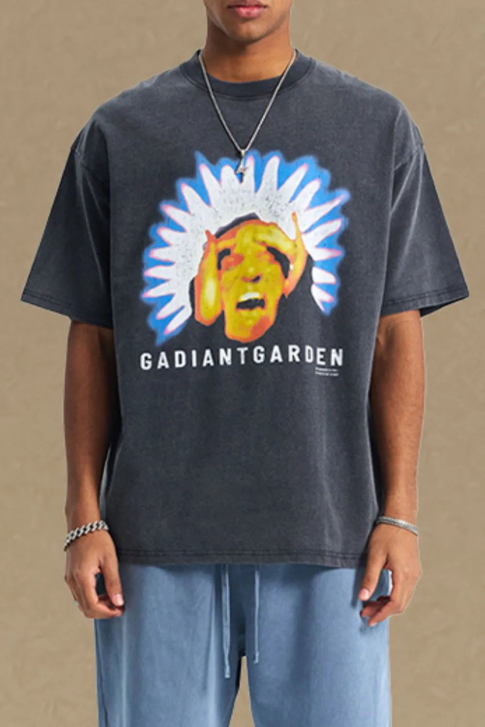 Men's graphic round neck half sleeve T-shirt, featuring vibrant design and slightly stretchy 100% cotton fabric.