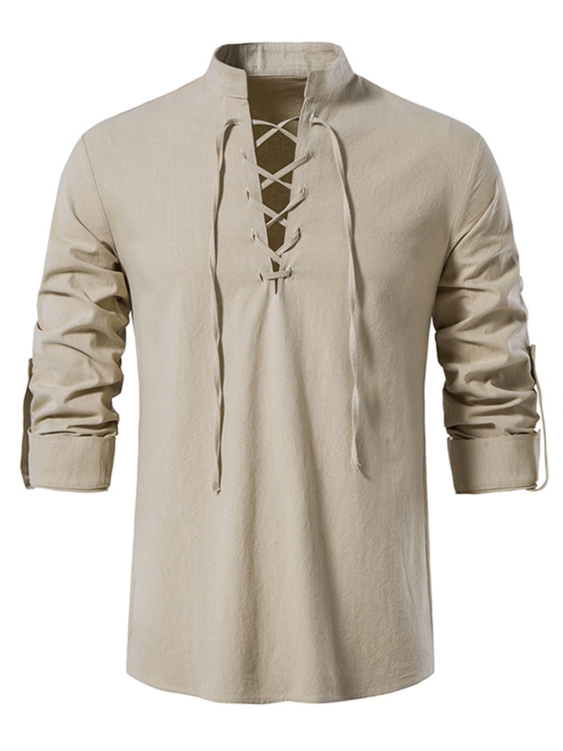 Men's lace up long sleeve blouse in cotton fabric, no stretch.