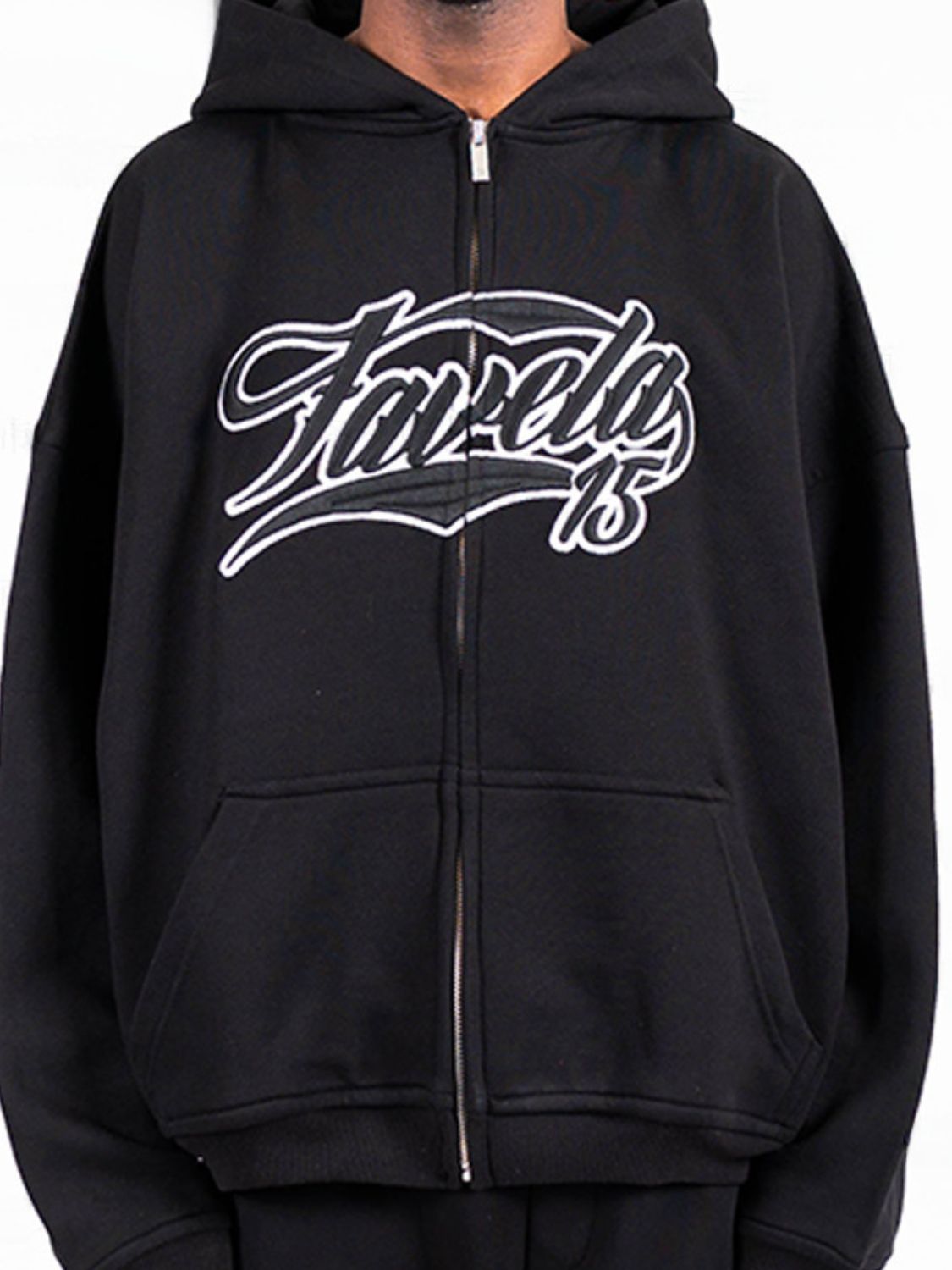 Men's letter embroidered zip-up hoodie with pockets, black, long sleeves.