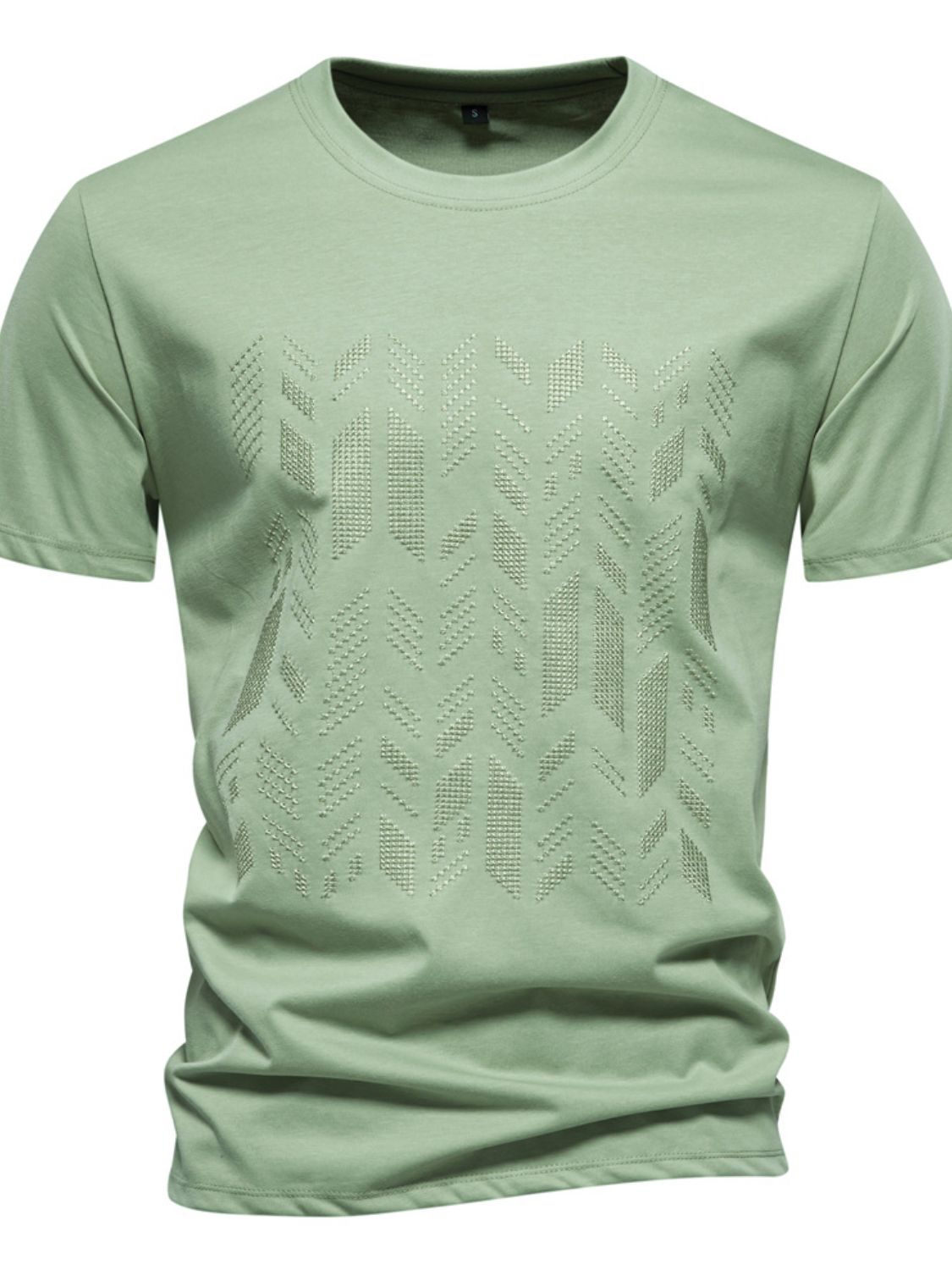 Men's round neck geometric embroidered t-shirt in light green.