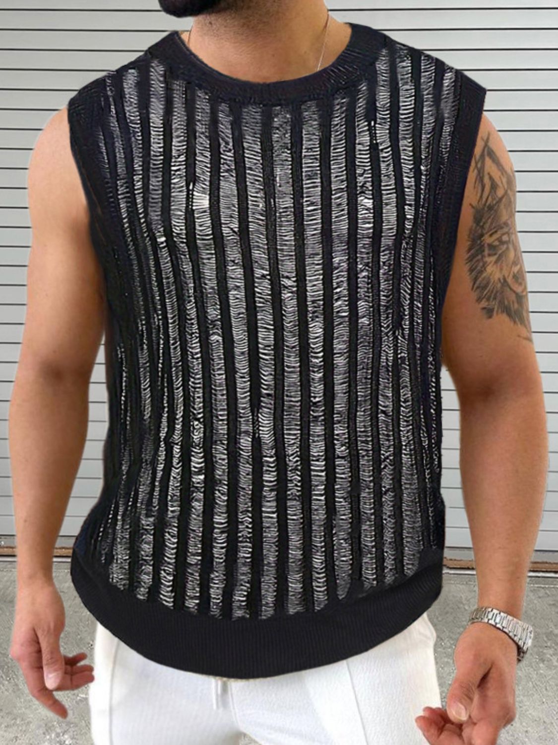 Men's round neck hollow out sleeveless top with moderate stretch and acrylic-blend fabric.