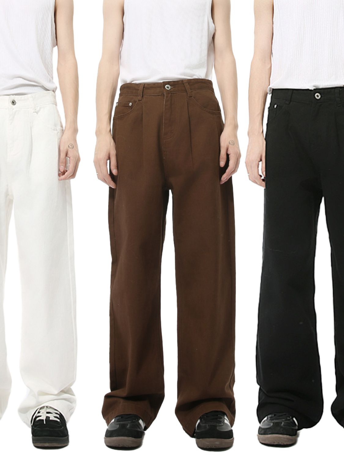 Mid rise men's jeans with pockets in white, brown, and black colors.