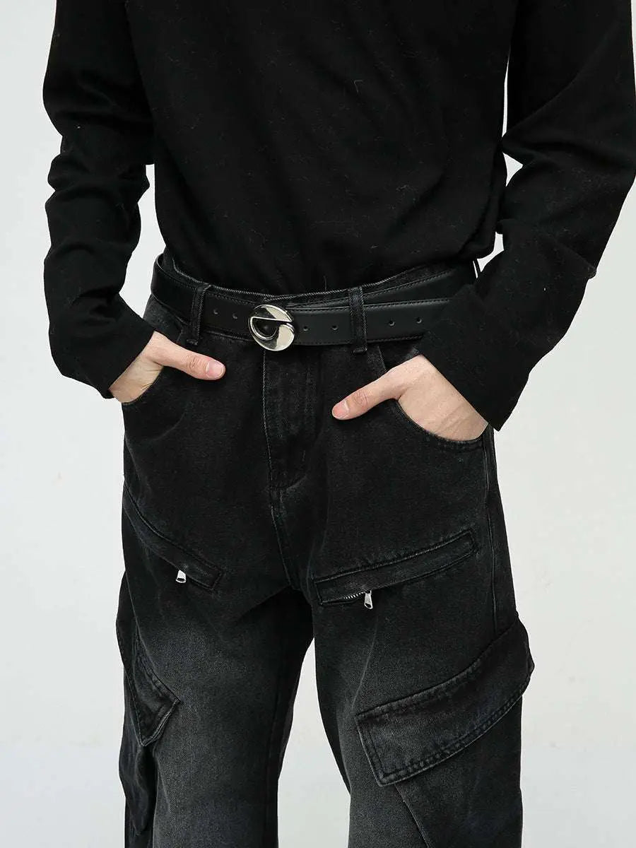 MENLL Black Cargo Jeans Men's Streetwear Denim Zippered Pockets Baggy Fit by MENLL