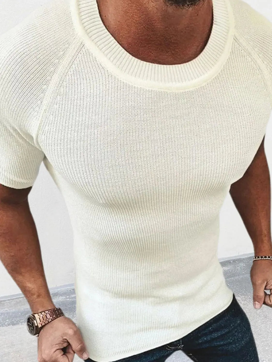 MENLL Ribbed Knit Tee Men's Casual Everyday Round Neck Short Sleeve Top by MENLL