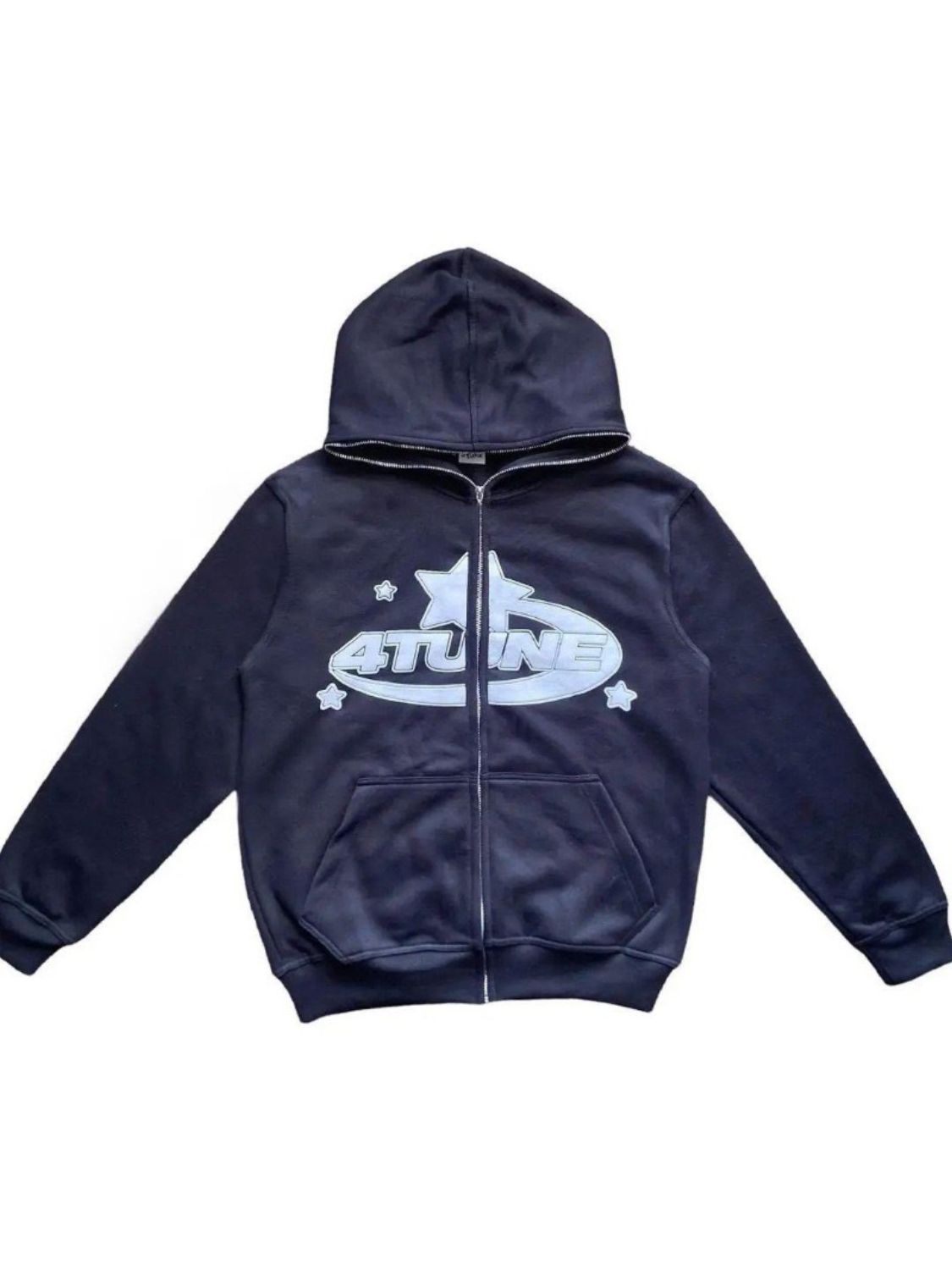 Men's zip up hoodie with star graphic, pocketed design, in black.