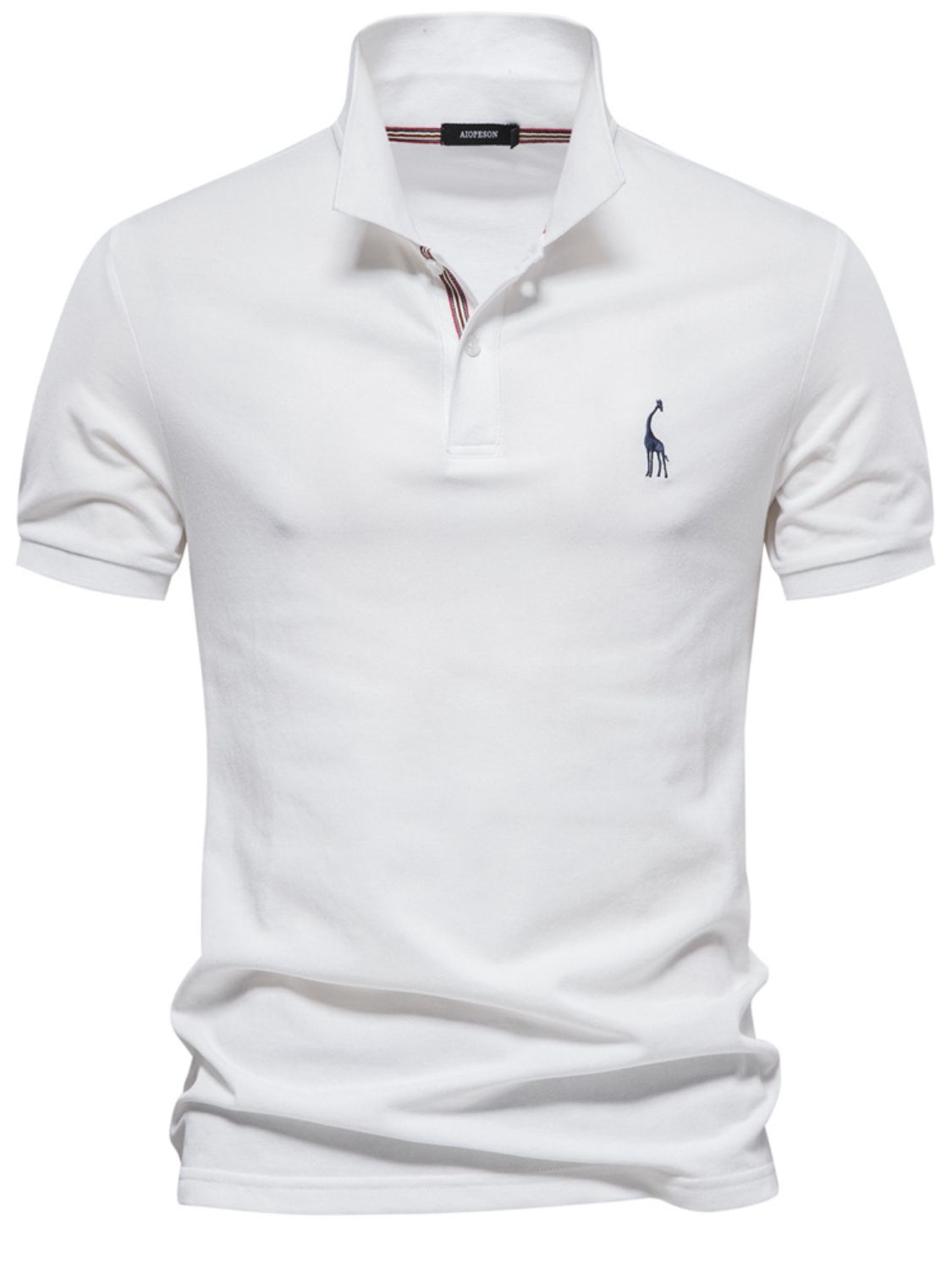 Men's white polo with giraffe embroidery, short sleeves, cotton-polyester blend.