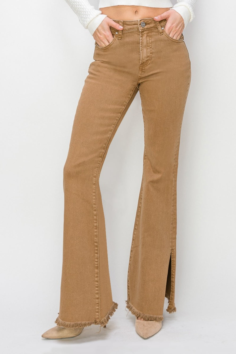 Bailey full size high waist side slit flare jeans with raw hem.