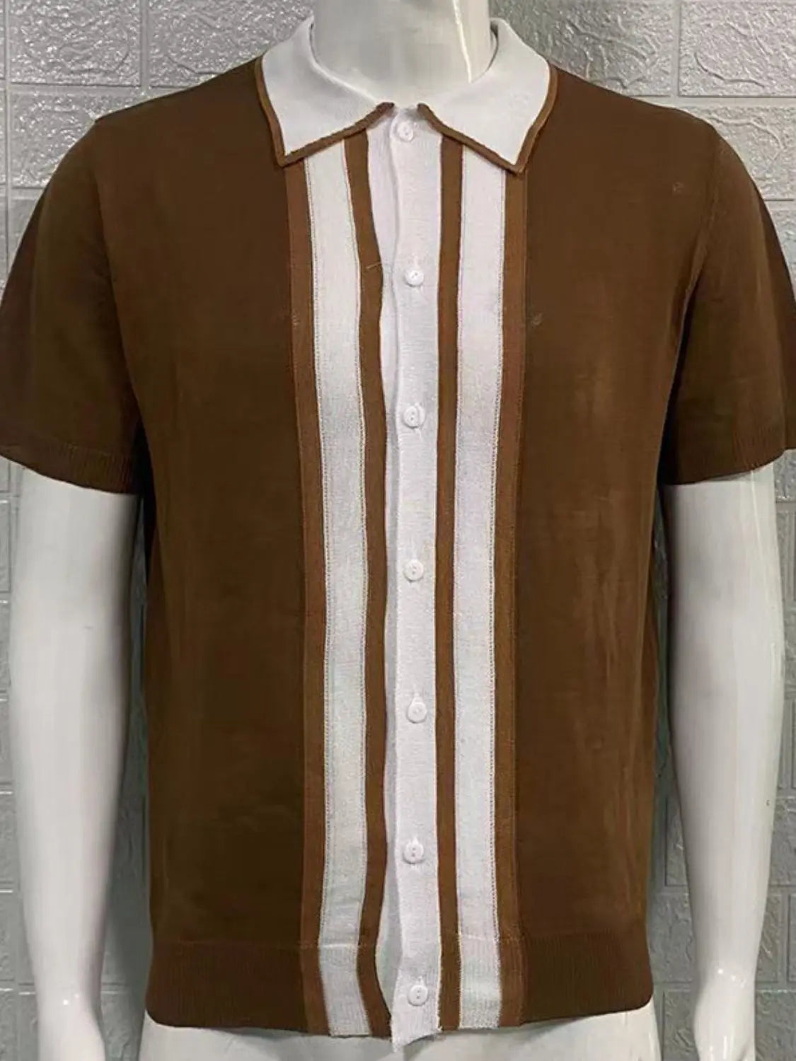 MENLL Striped Knit Polo Shirt Men's Casual Purple Top Contrast Design by MENLL