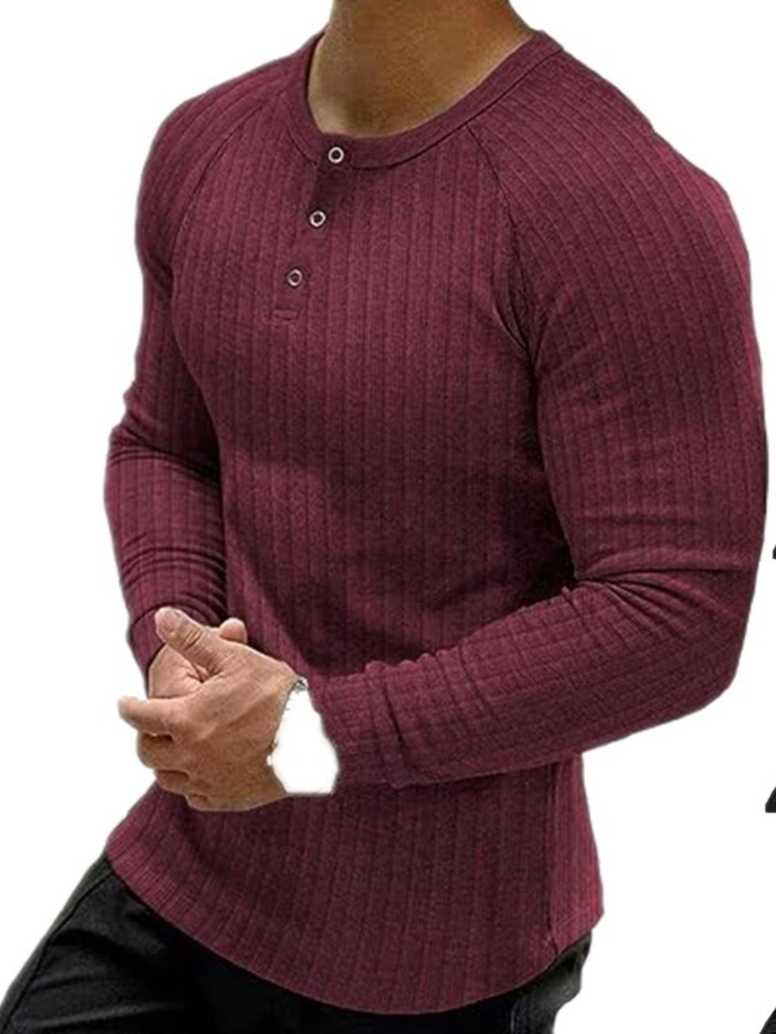 Men's full size ribbed round neck long sleeve t-shirt in red, buttoned style, stretchy fabric.
