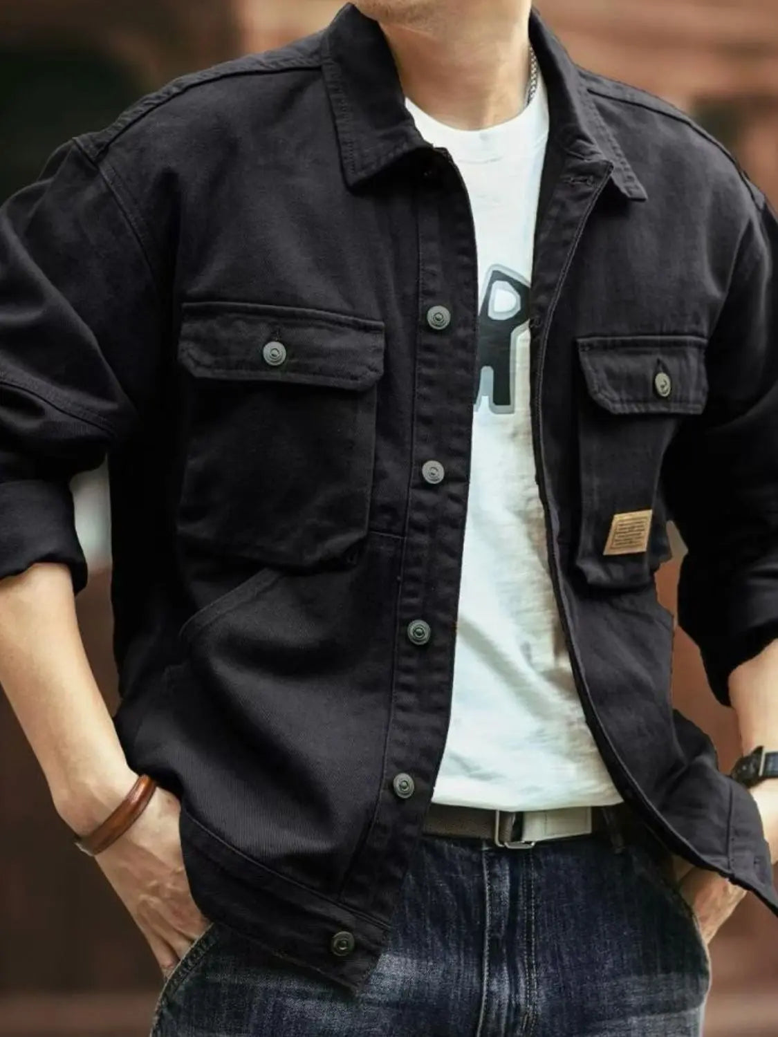 MENLL Washed Brown Cargo Jacket Men's Casual Relaxed Fit Outerwear by MENLL
