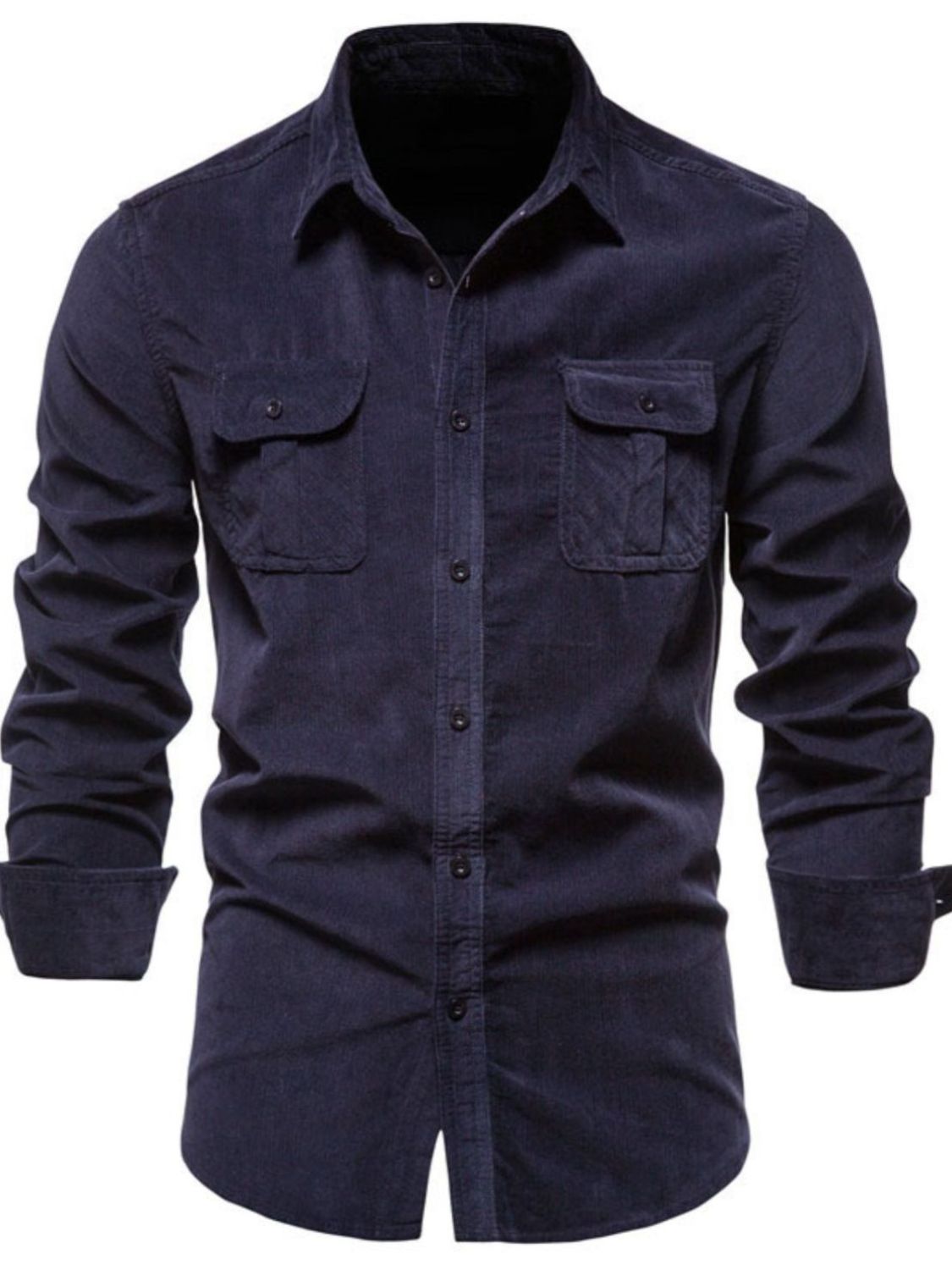Men's full-size button down collared shirt, black, with chest pockets, plus size, 100% cotton.