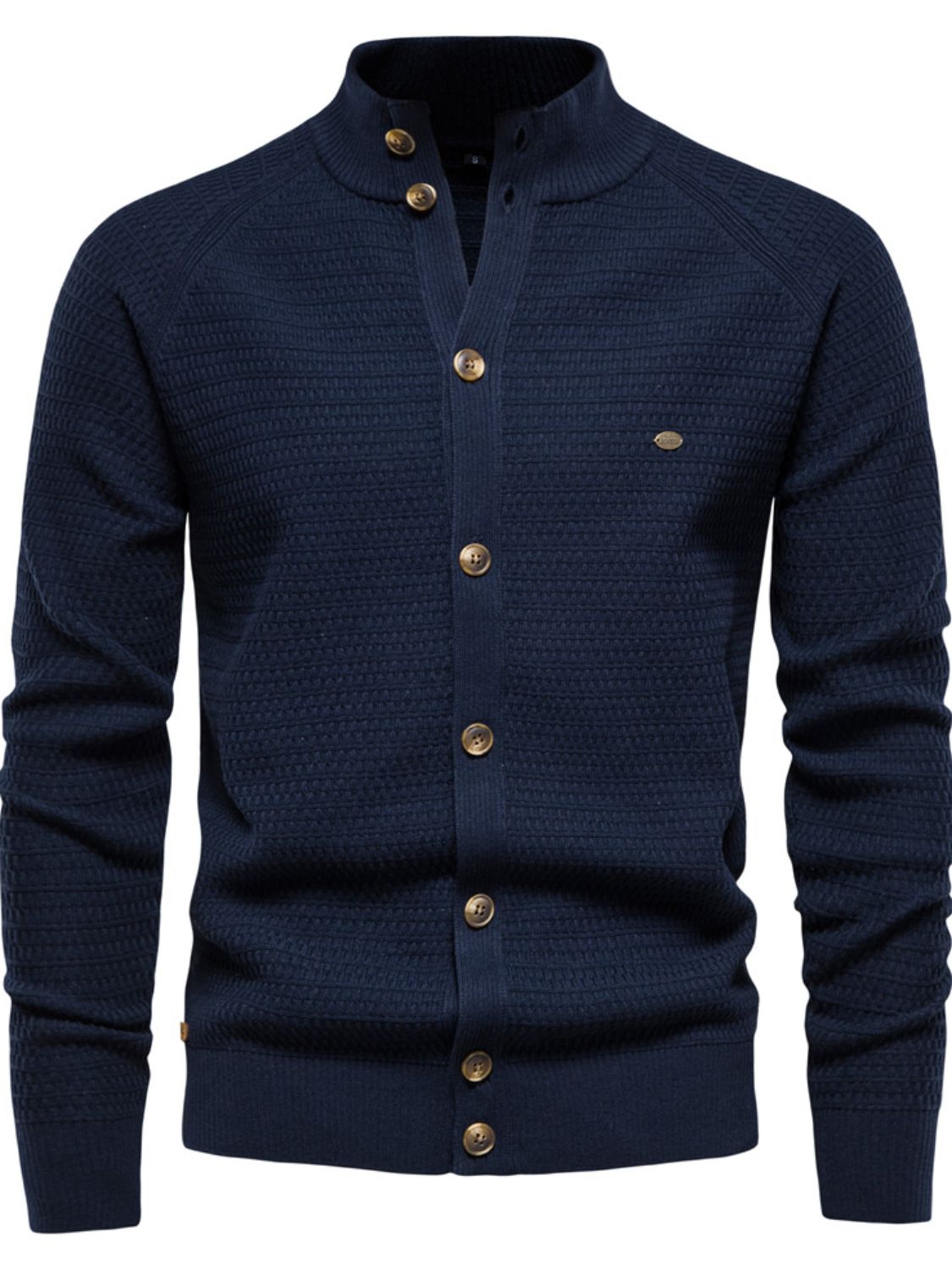 Men's button down long sleeve cardigan with moderate stretch, cotton and Lycra blend.
