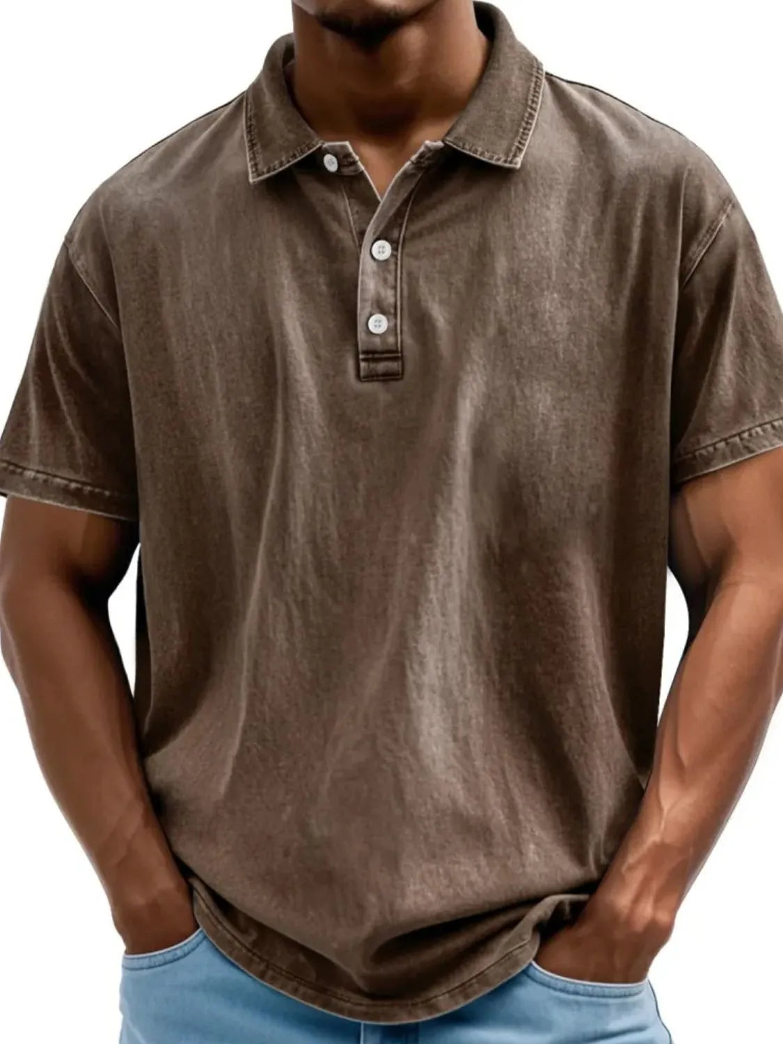 Men's full size collared neck short sleeve polo in brown, slightly stretchy 100% cotton.