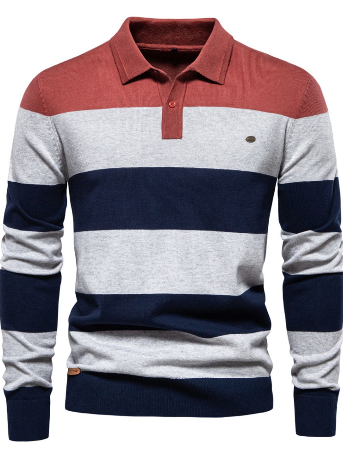Men's striped long sleeve knit polo with basic style, slightly stretchy fabric, and a mix of cotton and elastane.