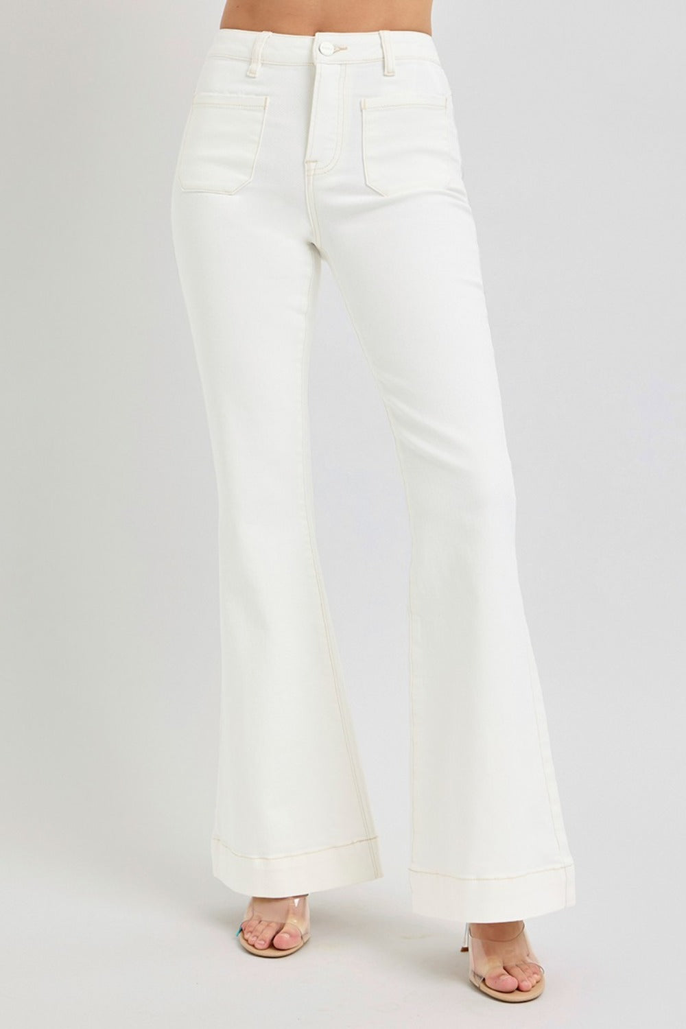 High Rise Front Patch Pocket Flare Jeans in white with flattering silhouette.
