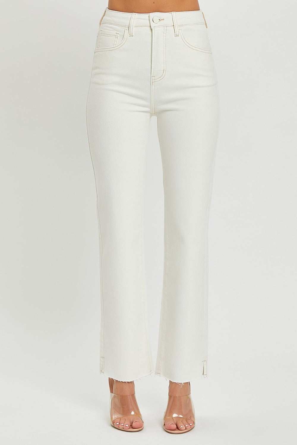 Full size high-rise tummy control straight jeans with raw hem and pocket details.