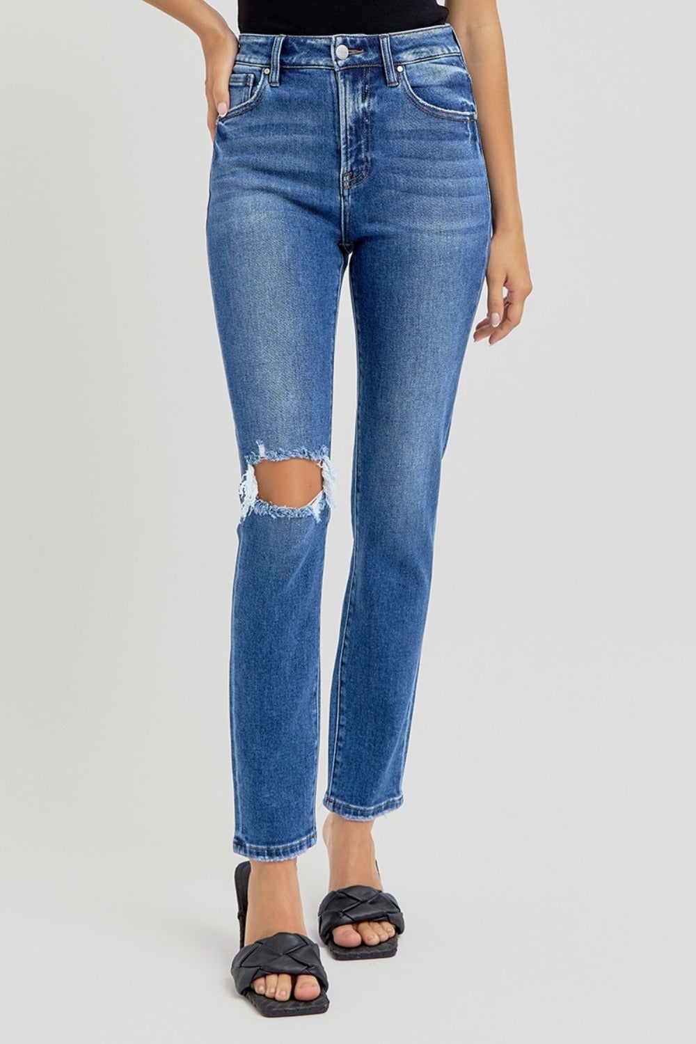 High rise ankle skinny jeans with knee distressing, slightly stretchy, full size fit.